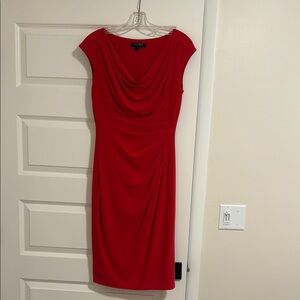 Ralph Lauren Red Ruched Sheath Dress with Cowl Neck
